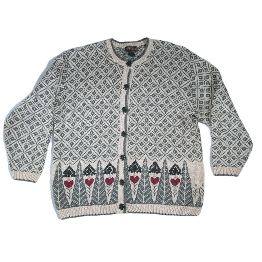 WOOLRICH Folk Art Country Tree Button Embroidered Cardigan Sweater Large - Picture 2 of 6